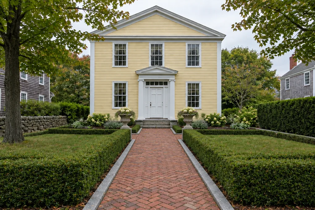 The same front door on the same overcast September morning: the asphalt replaced by a herringbone brick walk with granite kerbs, flanked by clipped boxwood parterres and a pair of stone urns