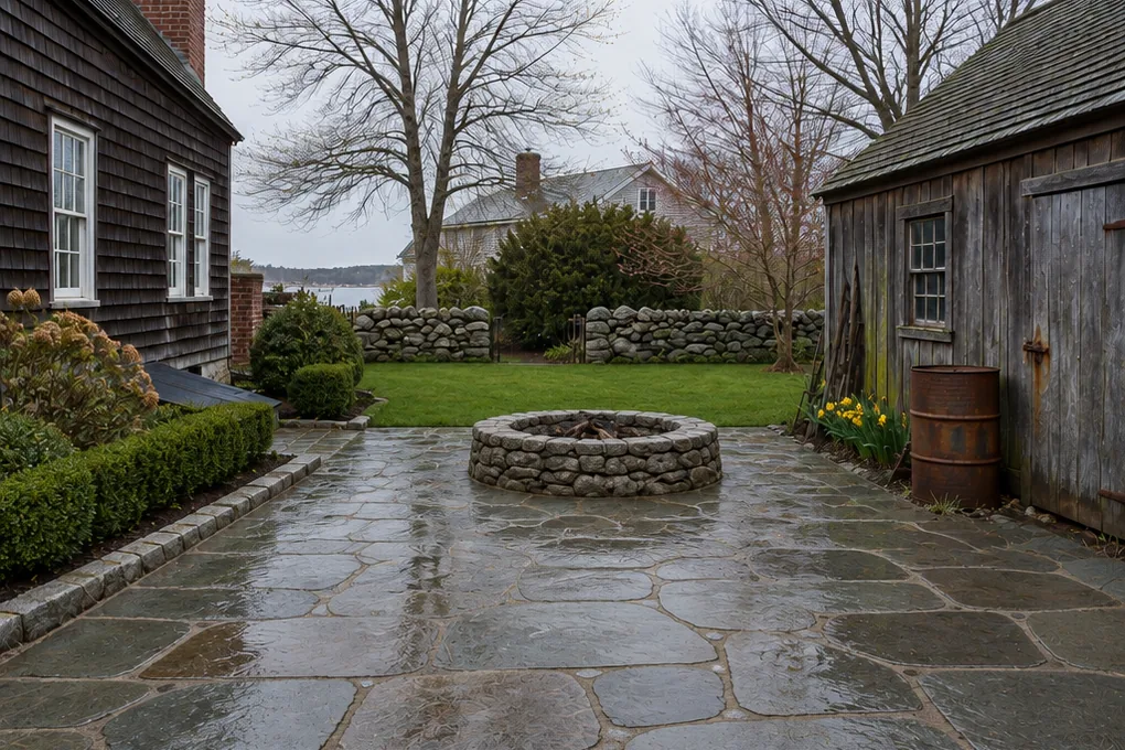 The same yard in the same wet April light: an aged bluestone terrace with a dry-laid fieldstone fire pit, freshly laid turf and a young boxwood hedge along the old boundary