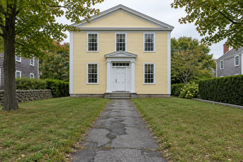 A cracked, patched asphalt path running to the front door of a butter-yellow clapboard Greek Revival house on an overcast September morning, with thin weedy grass either side and no planting