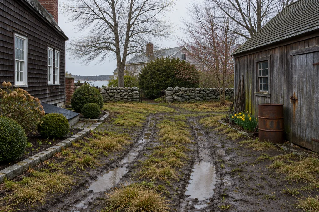 A rutted mud yard between a dark shingled saltbox house and an old timber shed after April rain, bare branches overhead and daffodils against the shed