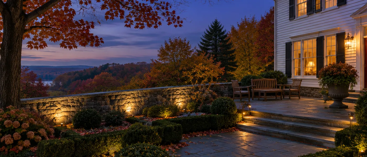 A finished bluestone terrace at dusk, low lighting washing a fieldstone wall and warm lamplight in the windows of a white clapboard house