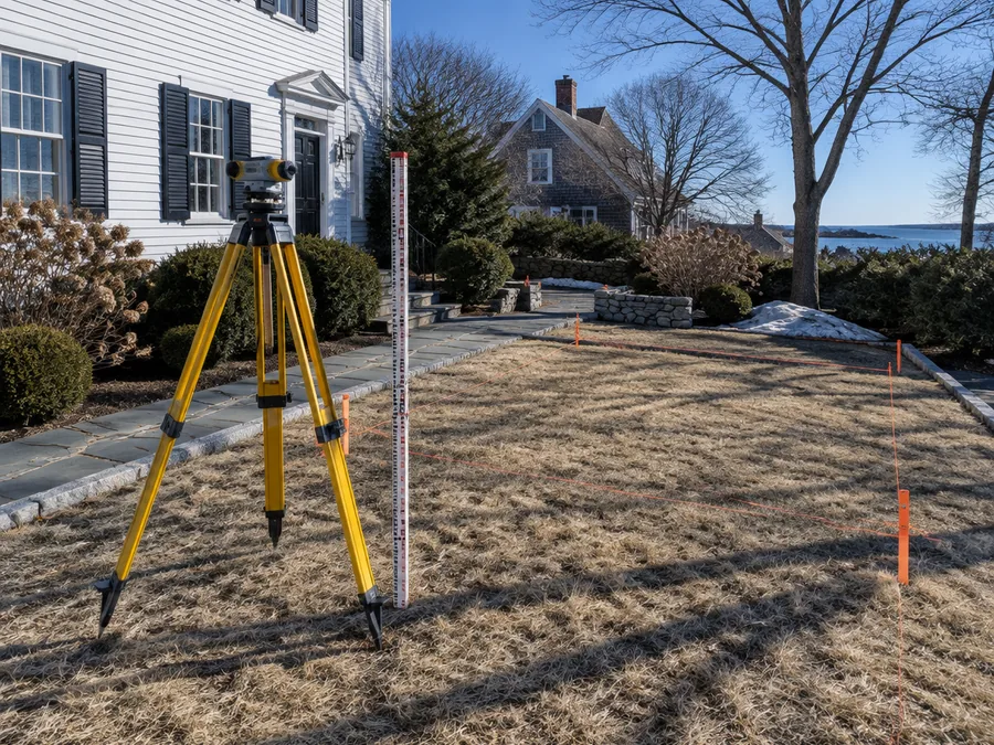 A surveyor's tripod and levelling staff standing on dormant grass in late February, with marker pegs and string lines set out behind a white clapboard house under a low winter sun