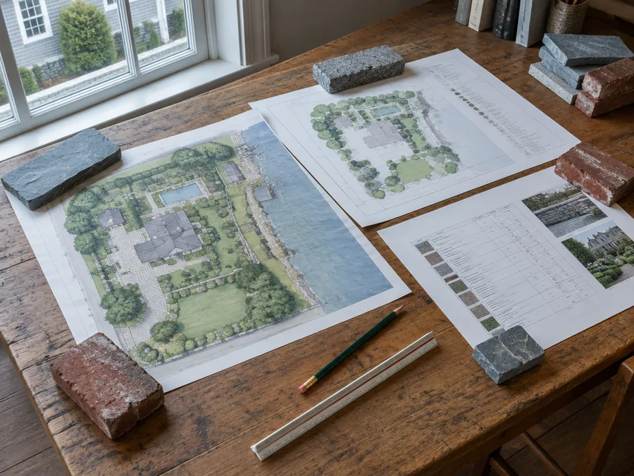 Garden drawings spread across an oak workshop table beside a studio window: a coloured masterplan, a planting plan and a materials schedule weighted down with offcuts of bluestone and brick
