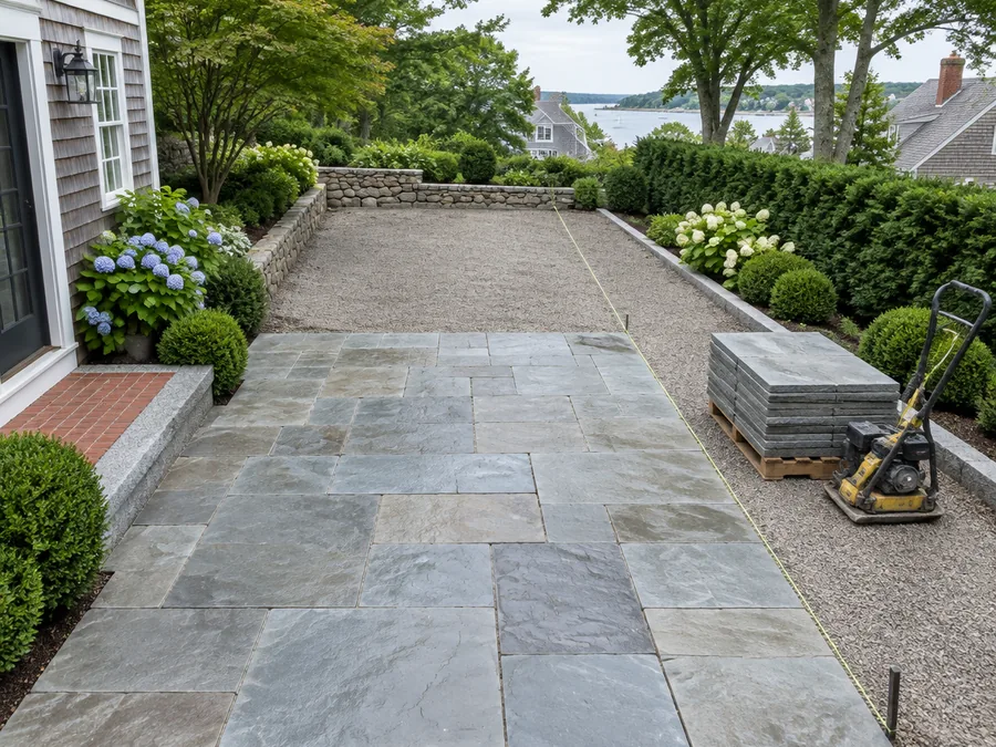 A terrace half laid: new bluestone flags across the near half, the rest still open to the compacted gravel sub-base, with a pallet of flags and a plate compactor at the edge