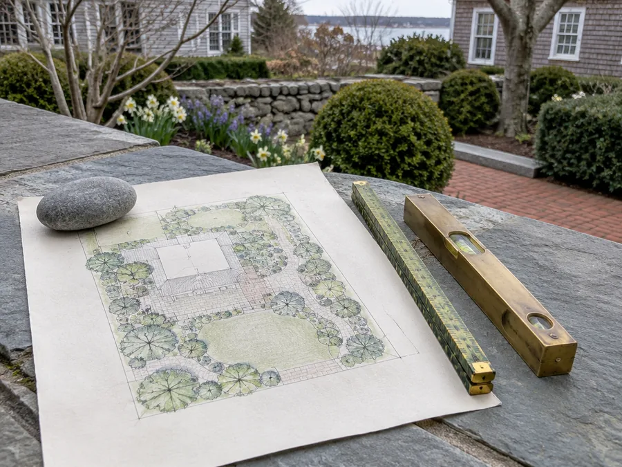 A drawn garden layout on heavy paper weighted with a river stone, a scale rule and a brass level beside it on clean bluestone paving in early spring