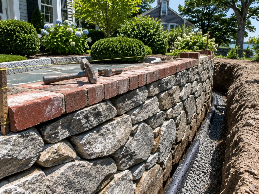 A half-built dry-laid fieldstone wall with its brick coping going on under hard August sun, beside an open trench showing the gravel sub-base and drain pipe