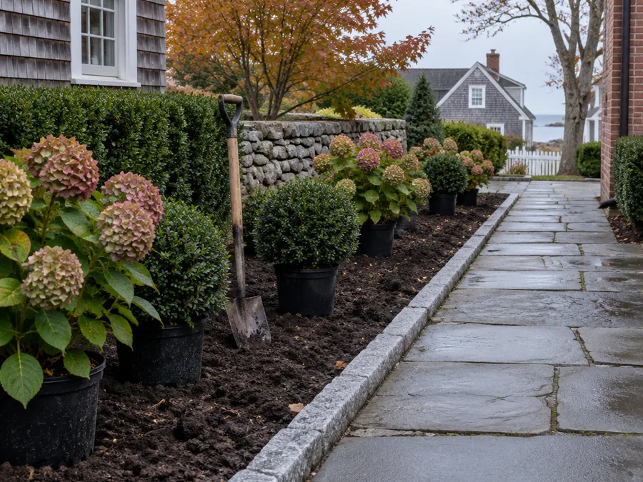 A freshly dug border edged against a bluestone path in October, with root-balled hydrangeas and boxwood set out in their pots awaiting planting and a spade stood in the soil