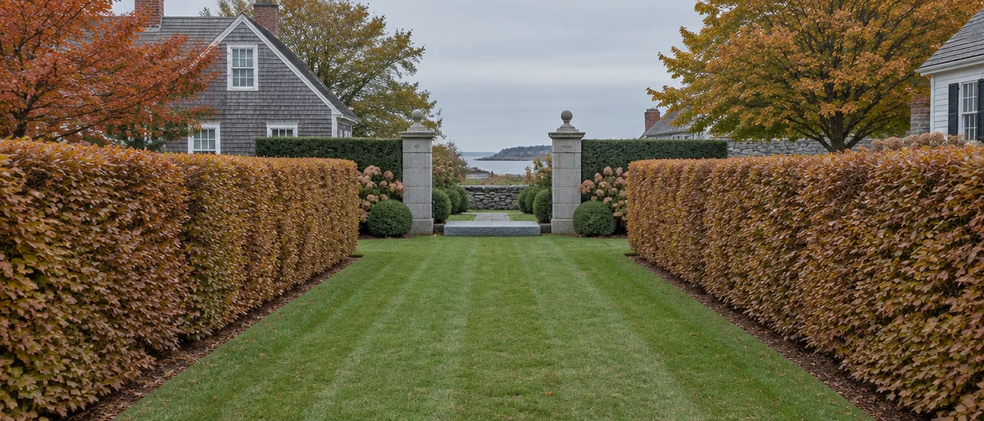 A long formal mown grass walk between tall clipped beech hedges turning copper, ending at a bluestone step between squared granite gate piers under a flat October sky